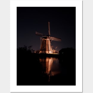 Dutch Windmill's Glowing Reflection Posters and Art